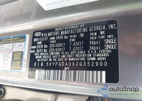 2018 Kia Sorento 2.4L Lx из США, поврежденный, VIN 5XYPGDA3XJG352900